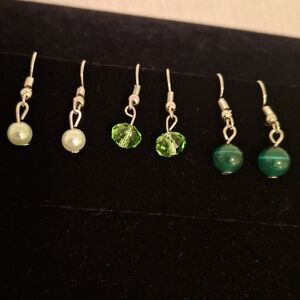 Green Bead Dangle Earrings - Set of 3